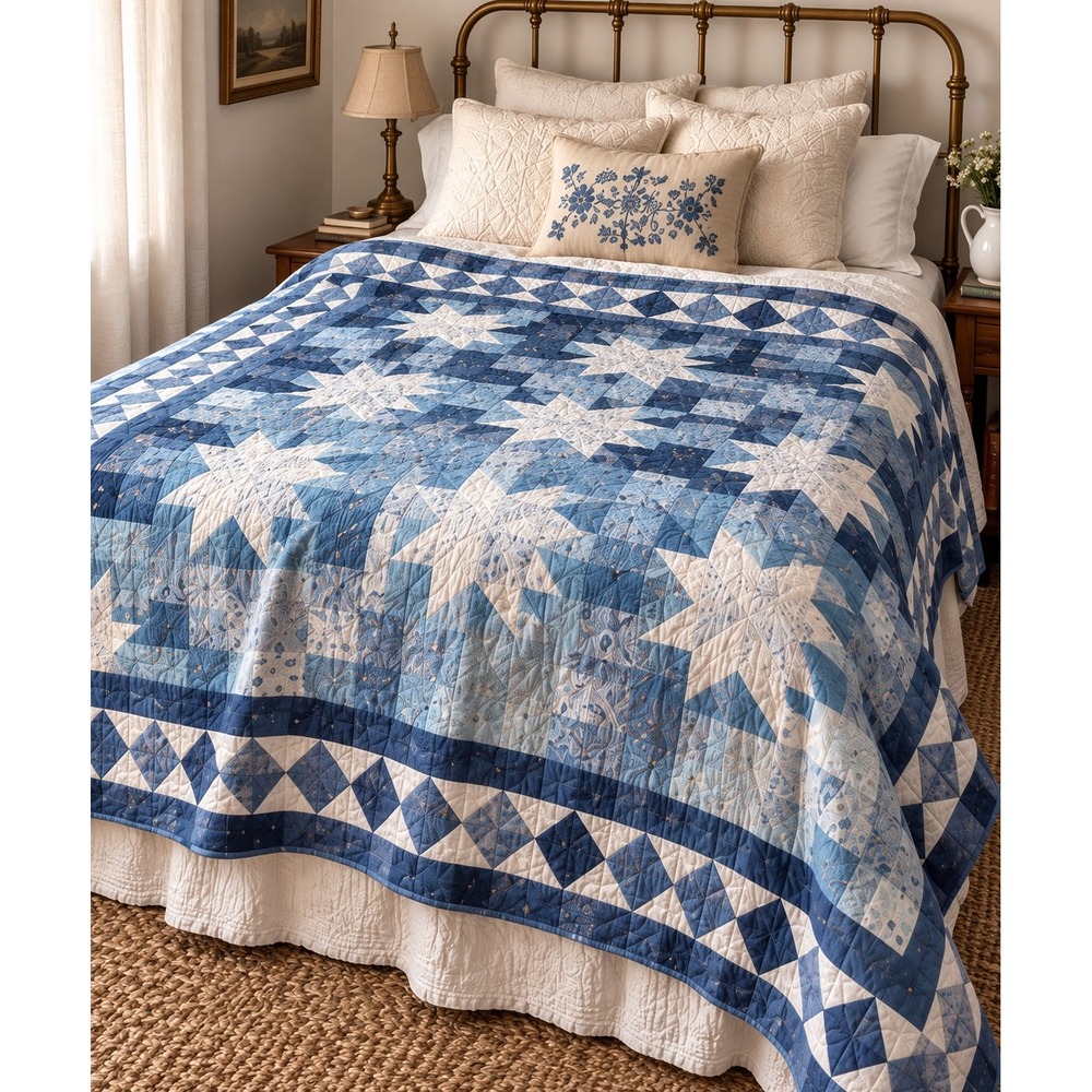 Vintage Blue & White Star Patchwork Quilt 83x103 Cottage Country Calico